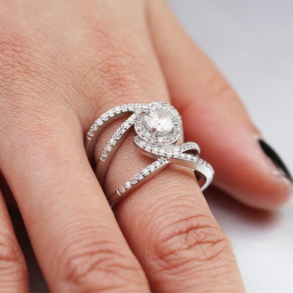 🍁 Four Lines Crossing Round Zircon Trendy Wedding Rings for Women, EVGG1545 - Picture 2 of 3